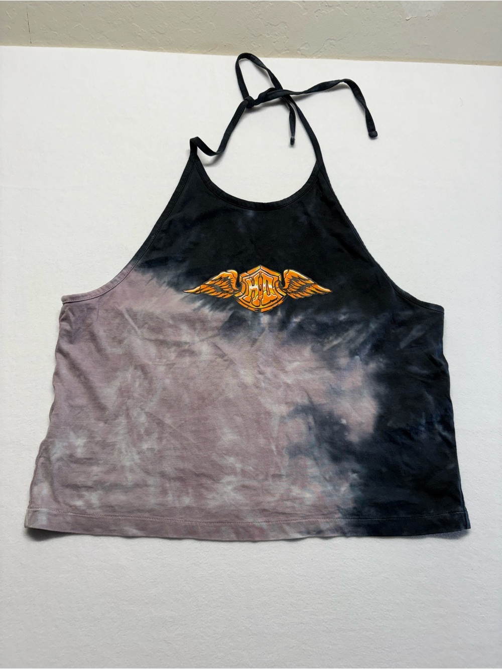 Harley-Davidson Black & Gray Tie-Dye Halter Crop Top with Orange Wing Emblem